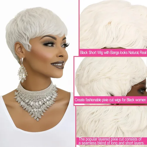 Miniatura 2 de Peluca Pixie blanca corta para mujeres negras, peluca blanca de corte pixie para mujeres negras, pelucas de pelo corto sintético en capas