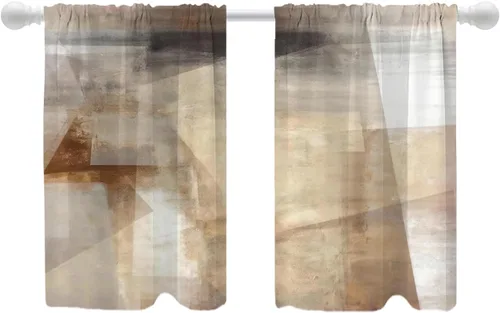 Miniatura 155 de Shrahala Beige and Orange Abstract Art Brushstrokes Blackout Curtain Tiers, Abstract Oil Paint Kitchen Valance Light Blocking Tier Drapes with Rod
