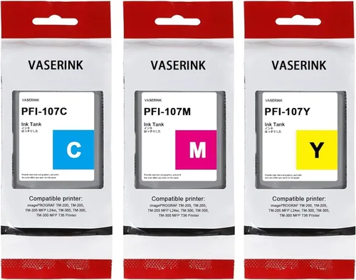 PFI-107 - Juego de tanques de tinta de 4.4 fl oz (paquete de 3, 1 cian, 1 magenta, 1 amarillo) VASRINK compatible con PFI-107C PFI-107M PFI-107Y