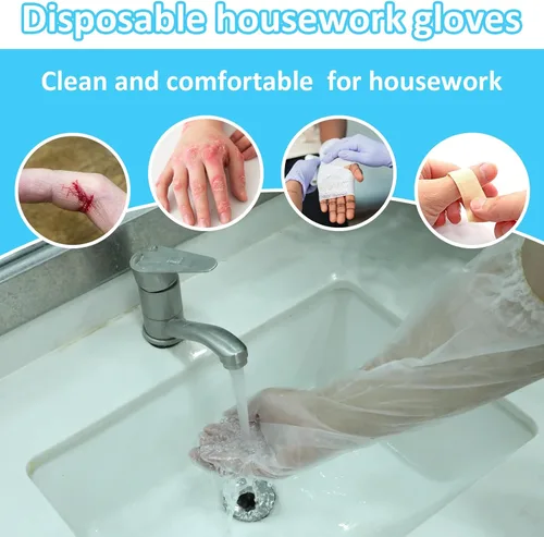Miniatura 7 de QfwdfcTrenz 20 guantes de limpieza desechables largos, 23.6 pulgadas de longitud al codo, manga impermeable de plástico para cocinar, lavavajillas