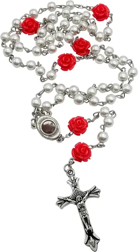 Miniatura 7 de Perlas blancas Collar de Rosario Católico Nuestra Rosa Flores Rojas Centro de la Medalla y Cruz