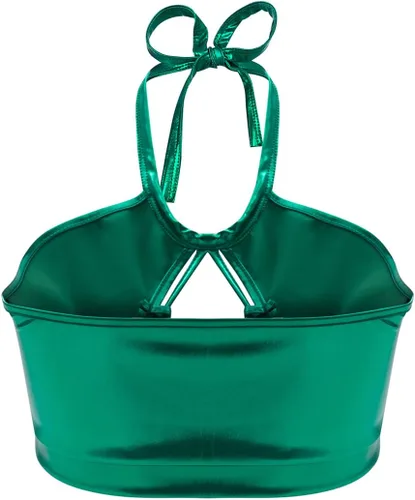 Miniatura 2 de Chaleco sin mangas metálico brillante para mujer, brasier corto con cuello halter, traje sexy para festivales, rave, baile, club