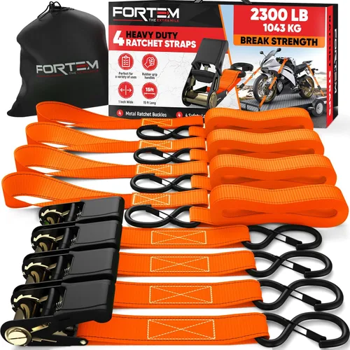 Miniatura 15 de FORTEM Correas de trinquete, juego de correas de amarre con resistencia a la rotura de 2300 libras, paquete de 4 de 15 pies x 1 pulgada, 4 bucles