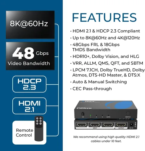 Miniatura 8 de OREI Conmutador HDMI con mando a distancia – Conmutador HDMI 4K@120Hz 4:4:4 o 8K@60 4:2:0 – HDR10+, Visión Dolby, VRR, ALLM, CEC – Conmutador HDMI