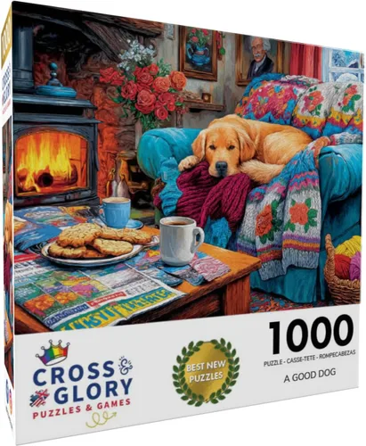 Miniatura 2 de Cross & Glory Un buen perro - Rompecabezas de 1000 piezas para adultos Acogedora escena de chimenea de cabina con Golden Retriever dormido