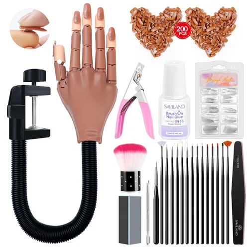 Saviland Mano de práctica para uñas acrílicas, manos falsas móviles flexibles, kit de mano de entrenamiento de manicura para principiantes, mano de