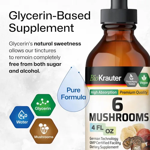 Miniatura 6 de BIO KRAUTER® Complejo de hongos 6 en 1 con melena de león, chaga, reishi, cordyceps, cola de pavo y shiitake - Suplemento vegano de hongos