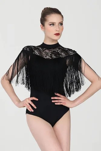 Miniatura 3 de Maillot de rendimiento con flecos para mujer, Sofia - Leotardo negro con flecos y canesú de encaje elástico
