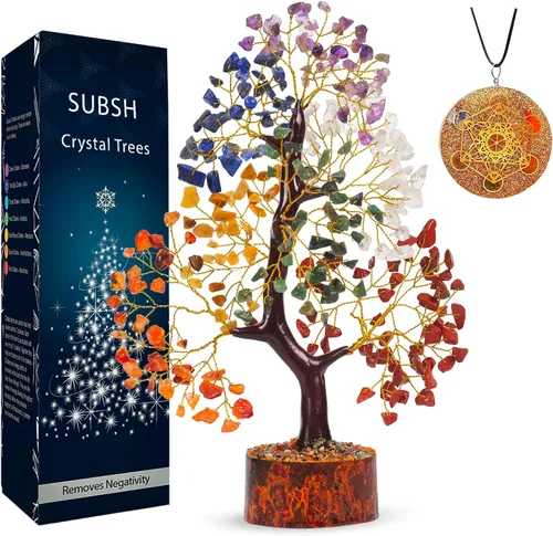 Miniatura 12 de Árbol de la vida de cristal amatista de 10-12 pulgadas con 2 colgantes de chakra – Bonsái de cristal sanador, árbol del dinero para energía