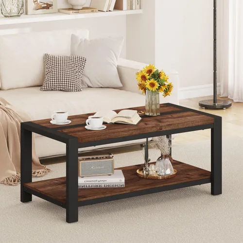 Miniatura 7 de BON AUGURE Mesa auxiliar para sala de estar, mesas industriales de madera y metal, mesa central rectangular de granja (roble rústico, 43 pulgadas)