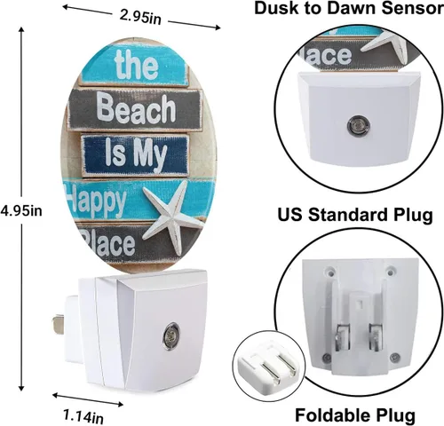 Miniatura 4 de Luces nocturnas de estrellas de mar costeras enchufables a la pared, la playa es mi lugar feliz, lámpara de noche LED del anochecer al amanecer