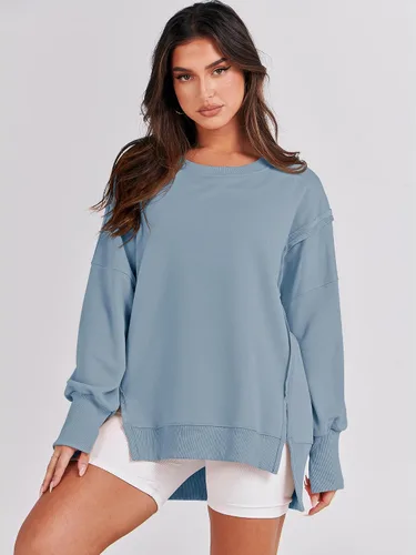 Miniatura 2 de ANRABESS Sudadera de gran tamaño para mujer, cuello redondo, manga larga, casual, con abertura, para otoño de 2024, ropa de preparación