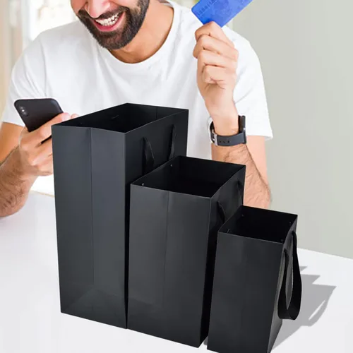 Miniatura 6 de HUAPRINT Paquete de 30 (10 juegos) bolsas de papel negras con asas, tamaños mixtos de 5.25 x 3.75 x 8 pulgadas, 8 x 5 x 10 pulgadas y 10 x 5 x 13