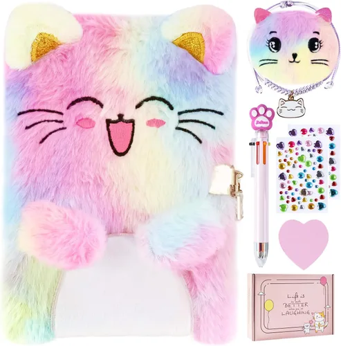 Miniatura 8 de PJDRLLC Diario de gato con cerradura, regalo para niñas de 6, 7 y 8 años, diario secreto con monedero, bolígrafo multicolor, nota post-it