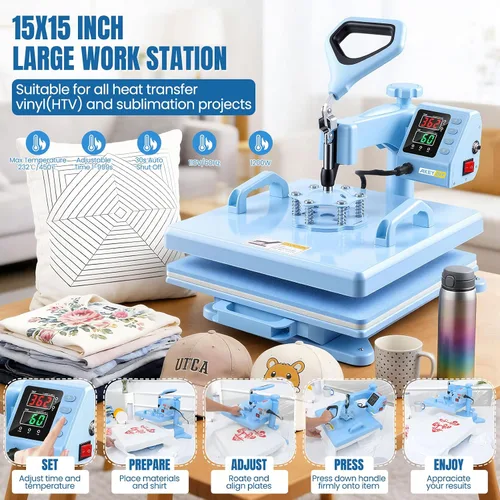 Miniatura 5 de WHUBEFY Prensa de calor, máquina de prensa de camisas de 15 x 15 pulgadas 8 en 1 con accesorio de vaso de 30 onzas, máquina de sublimación digital