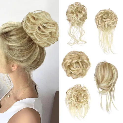 Miniatura 19 de 5 piezas de extensiones de cabello para moños desordenados con banda elástica de goma para mujeres, extensiones de cola de caballo con horquillas