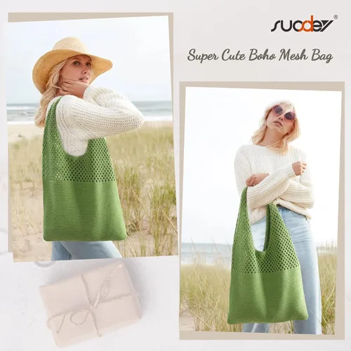 Miniatura 2 de SUOSDEY Crochet Mesh Beach Tote Bag, Knit Summer Vacation Aesthetic Boho Tote Bag for Women