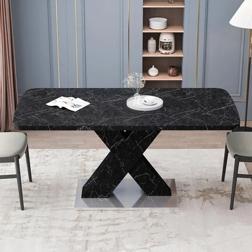 Miniatura 3 de Mesa de comedor cuadrada moderna, de 47.24 a 62.99 pulgadas de largo, elástica, con estampado de mármol negro + patas de mesa en forma de X de MDF