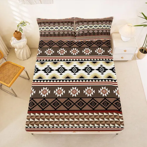 Miniatura 43 de Juego de ropa de cama occidental tamaño individual, sábanas aztecas, estilo nórdico exótico, bohemio, sábana bajera ajustable de tribu india