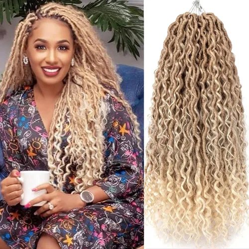 Miniatura 30 de Copper Goddess Faux Locs Cabello de Ganchillo con Puntas Rizadas, 7 Paquetes de 14 Pulgadas Boho Goddess Locs Cabello de Ganchillo, Cabello