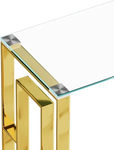 Miniatura 5 de SSLine Mesa consola de vidrio templado, mesa de sofá de cristal transparente con marco de acero inoxidable, mesas de entrada doradas para pasillo