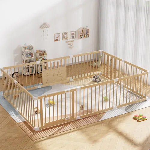 Miniatura 4 de Corralito de madera para bebés, 2 paneles separados, corralito grande para bebés y niños pequeños, centro de actividades plegable para interiores