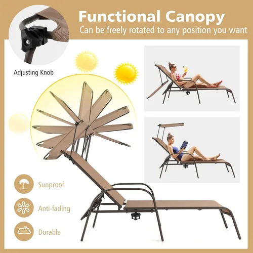 Miniatura 5 de Byroce - Sillón de patio con toldo, tumbona para exteriores con respaldo ajustable de 5 niveles, brazos y portavasos, silla reclinable de metal