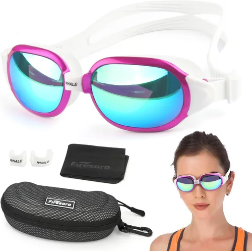 Firesara - Gafas de natación, sin fugas, marco grande, vista amplia, piscina para mujeres y hombres Rosa encendido