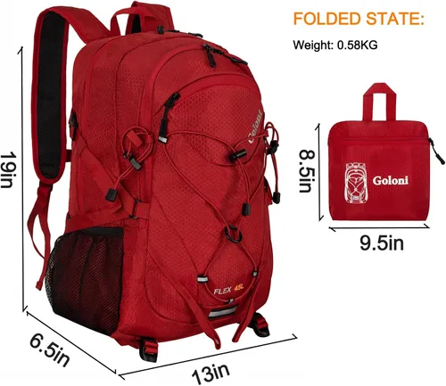 Miniatura 2 de Mochila de senderismo de 45 L con cubierta para lluvia, mochila de campamento plegable ligera para senderismo, resistente al agua con poste de Rojo