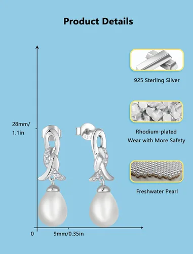 Miniatura 3 de Pearl Teardrop Earrings for Wedding Bridal 925 Sterling Silver with Freshwater Pearls Dangle Earrings for Women Perfect for Holiday Gifts