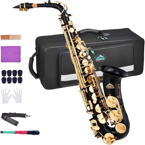 EASTROCK Saxofón Alto Negro/Dorado Mi Bemol Kit Completo para Estudiantes Principiantes con Estuche de Transporte, Boquilla, Almohadillas Cojín para