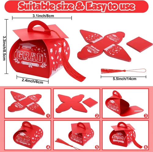 Miniatura 3 de TaoBary 30 cajas de dulces con tapa de graduación 2026, cajas de graduación de graduación, regalos de fiesta con borlas centros de mesa para Rojo
