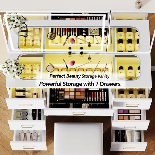 Miniatura 5 de Escritorio de tocador con espejo iluminado grande, tocador de maquillaje con parte superior de cristal, 7 cajones y brillo ajustable, mesa