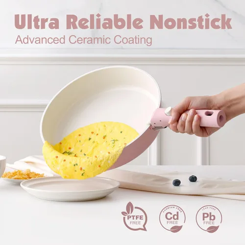Miniatura 4 de SENSARTE Juego de ollas y sartenes de cerámica de 17 piezas, antiadherentes con mango desmontable, utensilios de cocina de inducción con mango Rosa
