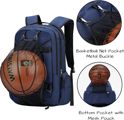 Miniatura 7 de Mochila para monopatín, baloncesto, béisbol, fútbol, rugby, balón de fútbol, multifunción, resistente al agua, con puerto USB, red de baloncesto, se