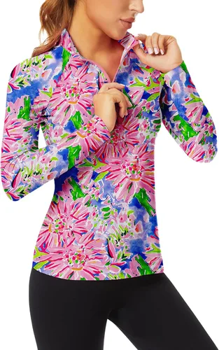 Miniatura 83 de WOWENY Camiseta deportiva de manga larga para mujer, con cremallera de un cuarto, cuello para entrenamiento, camiseta de tenis con estampado