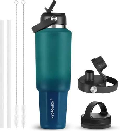 Miniatura 26 de HYDROWION Botella de agua de acero inoxidable, 32 onzas, boca ancha, doble pared, aislada al vacío, con tapa de pajilla, tapa de boquilla y tapa