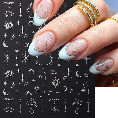 Miniatura 7 de Calcomanías de uñas metálicas plateadas 3D – Calcomanías de uñas para mujer, diseño de estrellas, luna y sol, decoración de mariposas y bohemio