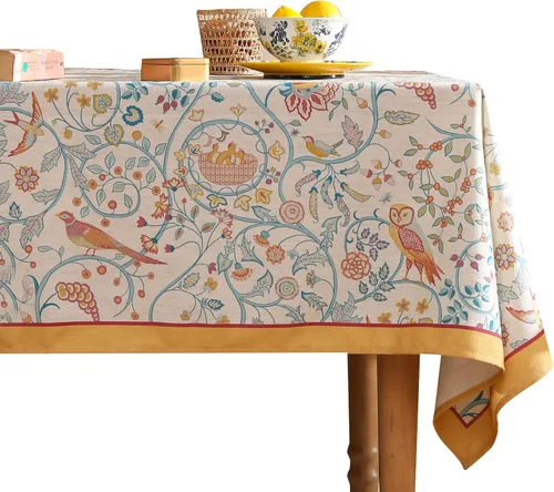 patdrea Mantel rectangular largo vintage de diseño, mantel de lino con patrón de pájaros florales franceses, funda decorativa amarilla para cocina,