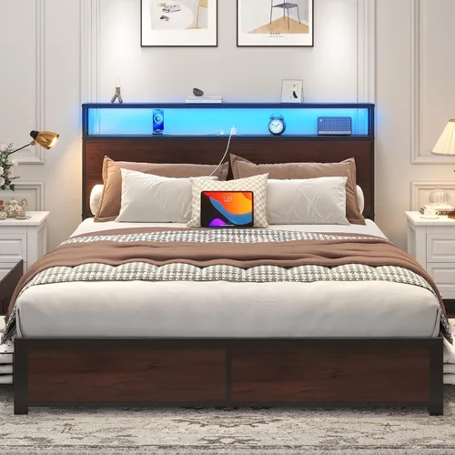 Miniatura 3 de Lifezone Base de cama Queen con cabecera de almacenamiento de 2 niveles, base de cama de plataforma de metal con 4 cajones de almacenamiento, Marrón