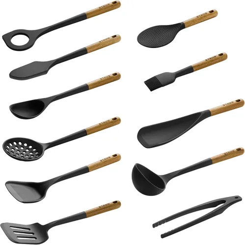 Miniatura 4 de STAUB Juego de utensilios de cocina de silicona con mango de madera de 11 piezas Negro mate