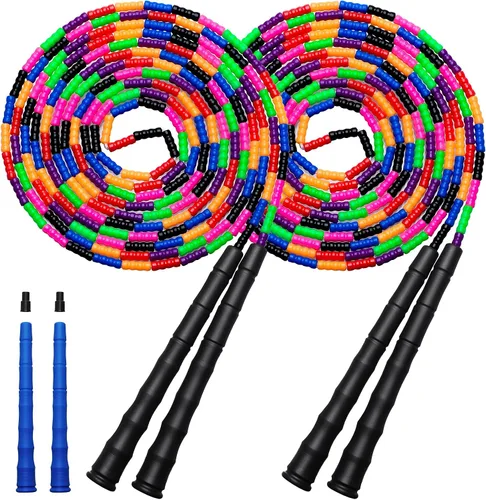 Miniatura 7 de Cuerda de saltar doble holandesa larga de 16 pies, 1 paquete/2 unidades, cuerda de saltar ajustable suave con cuentas para niños y adultos, lo