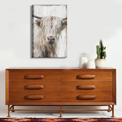 Miniatura 3 de 1 pieza de arte de pared de vaca Highland, lienzo de vaca de granja para decoración de pared, imagen de pintura blanca de vida silvestre, impresión