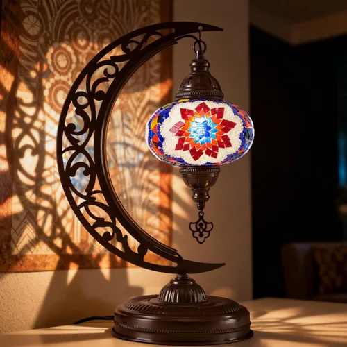 Miniatura 2 de Lámpara de mesa turca de mosaico en forma de media luna, lámpara de escritorio marroquí estilo luna boho hecha a mano, iluminación decorativa