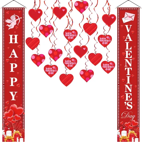 KatchOn, Decoraciones de corazones colgantes de San Valentín, paquete de 31, pancarta de feliz día de San Valentín, Cupido, carta de amor para