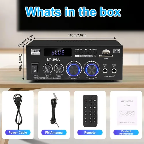 Miniatura 8 de Romica Amplificador de audio estéreo, 2 canales 450W+450W Bluetooth 5.0 amplificador de potencia de cine en casa con radio FM, USB, SD, entradas