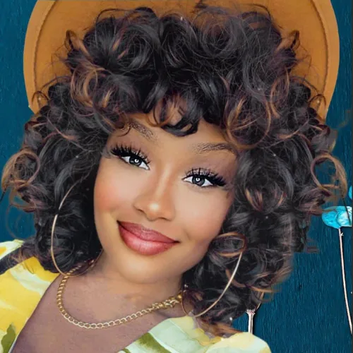 Miniatura 9 de Curly Wigs for Black Women Short Curly Wig with Bangs Soft Bouncy Fluffy Small Curls Heat Resistant Synthetic Wig for Daily Party Use Ombre Brown 14