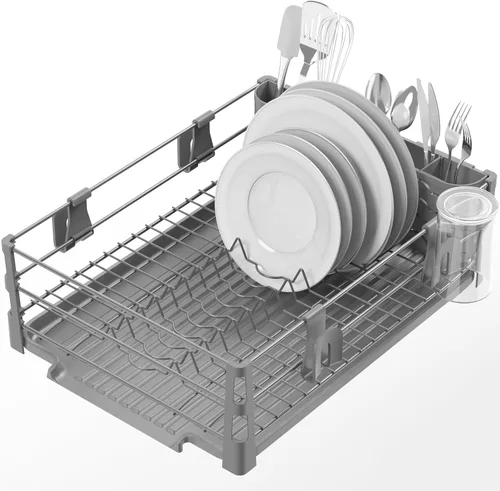 Miniatura 9 de SIMPLE HOUSEWARE Escurridor de platos con escurridor, soporte para utensilios y ganchos para tazas, organizador de mostrador de cocina de metal negro