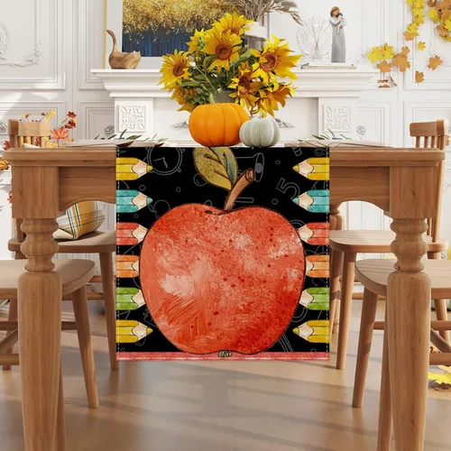 Miniatura 2 de Camino de mesa con lápiz de manzana de acuarela para el primer día de escuela, decoraciones y suministros para el hogar, escuela, aula, oficina, 13