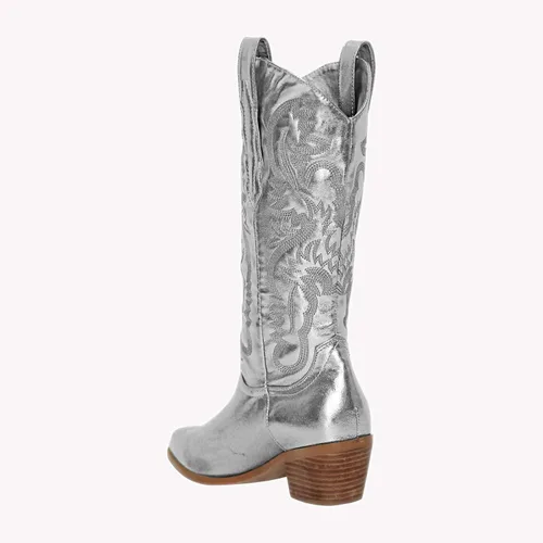 Miniatura 3 de MissHeel Botas vaqueras de media pantorrilla con tacón grueso bordado en plata rosa